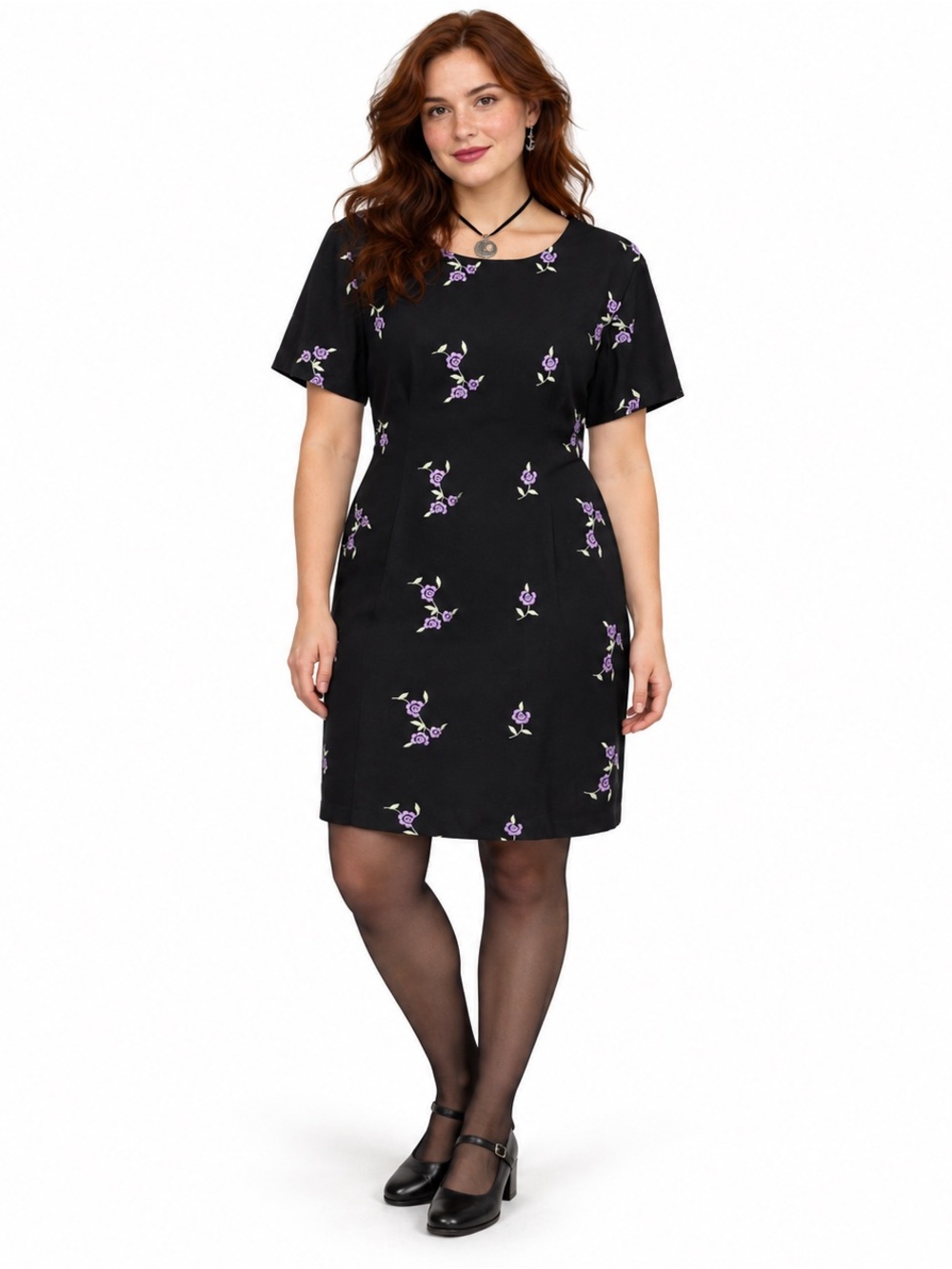 Vintage Emblem Black Purple Rose Embroidered Shift Dress 15 women’s Large